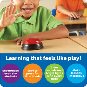 Learning Resources buzzers being used in a classroom game show setup.