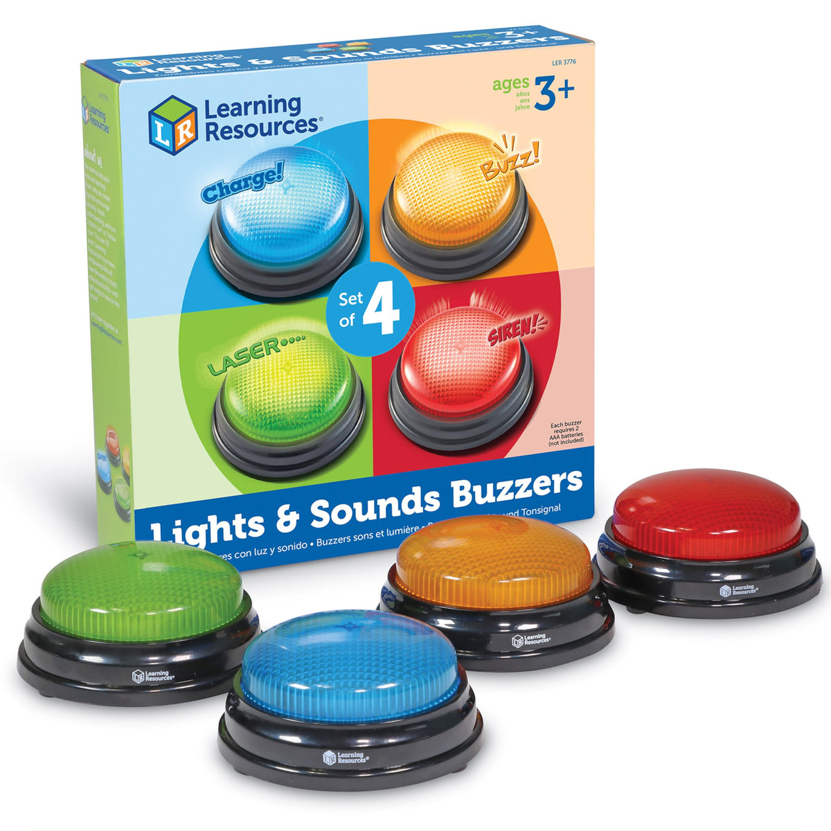 Learning Resources buzzers in four colors ready for classroom game shows.