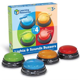 Learning Resources buzzers in four colors ready for classroom game shows.