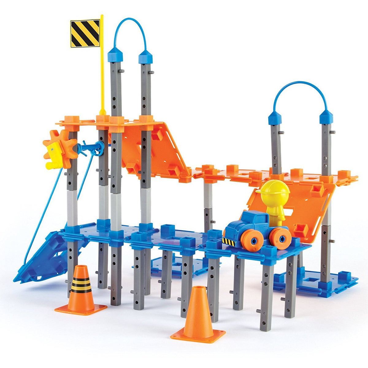 Child builds a crane model from Learning Resources set to explore engineering concepts hands-on.
