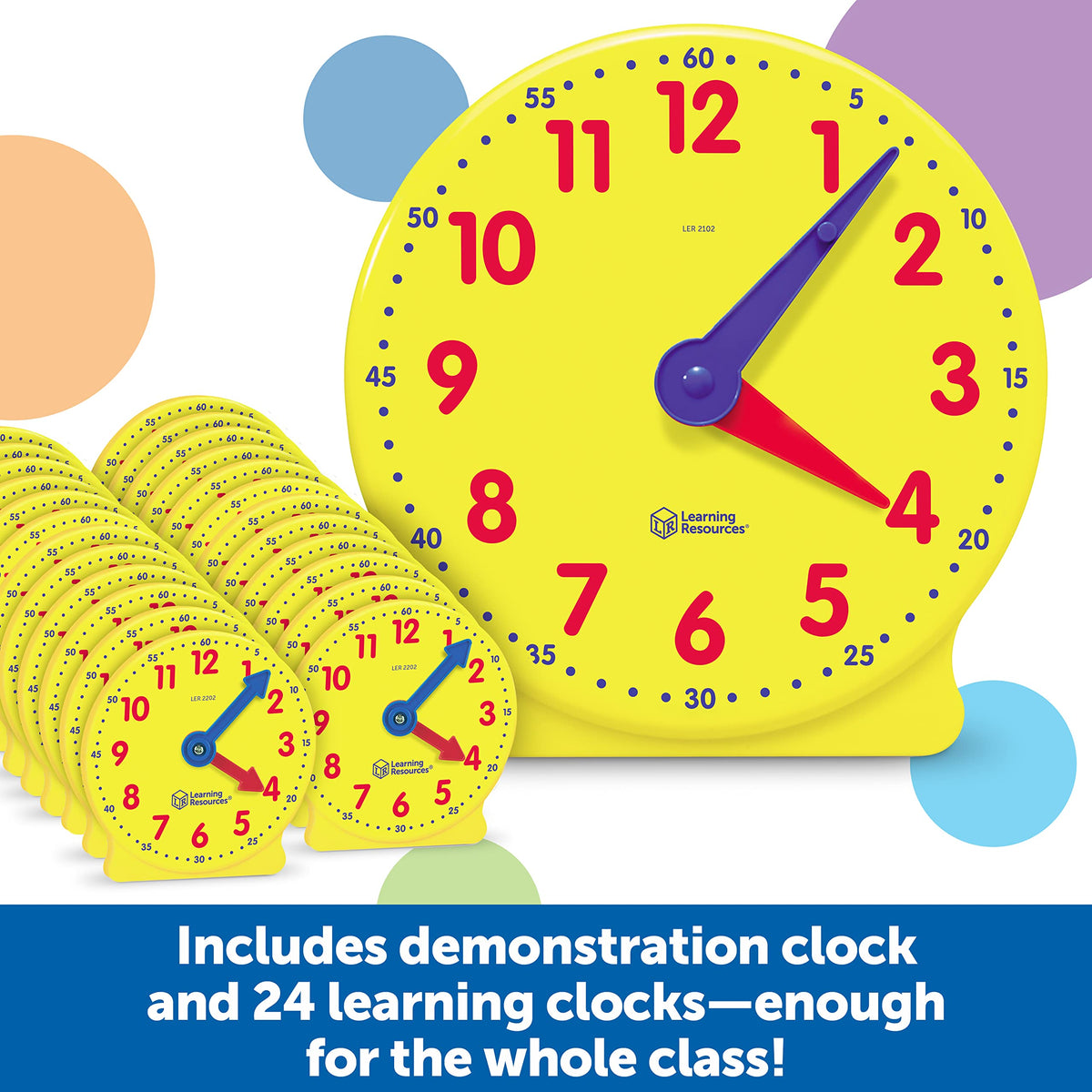 Learning Resources clock kit includes a comprehensive activity guide for varied learners