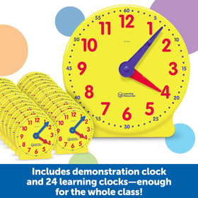 Learning Resources clock kit includes a comprehensive activity guide for varied learners
