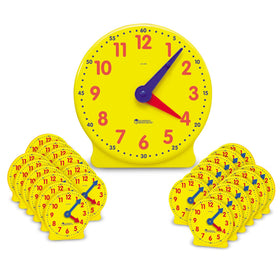 Learning Resources yellow-faced clocks with blue and red hands visualize time concepts in lessons