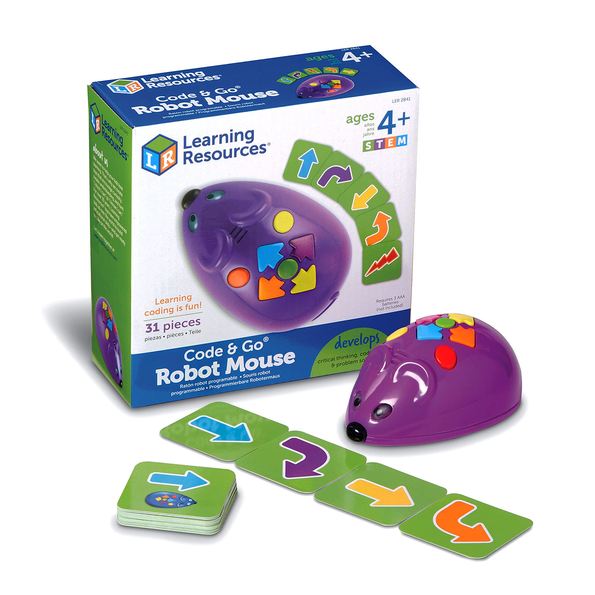 Learning Resources Code & Go Robot Mouse front view with lights for early coding practice