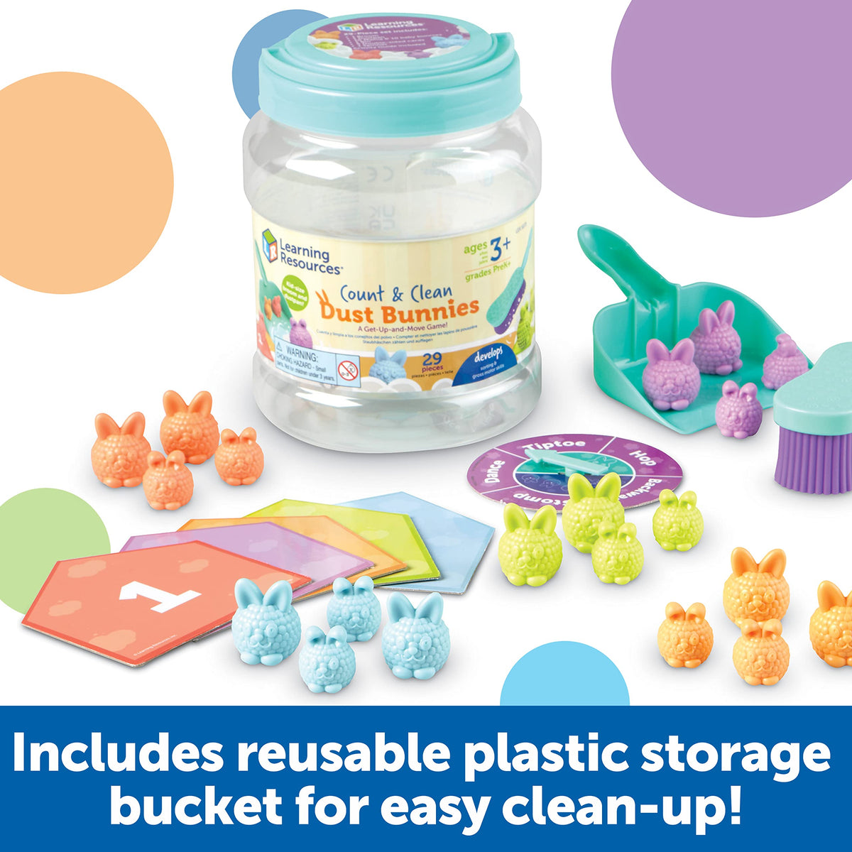 Learning Resources Count & Clean Dust Bunnies durable storage container for easy cleanup