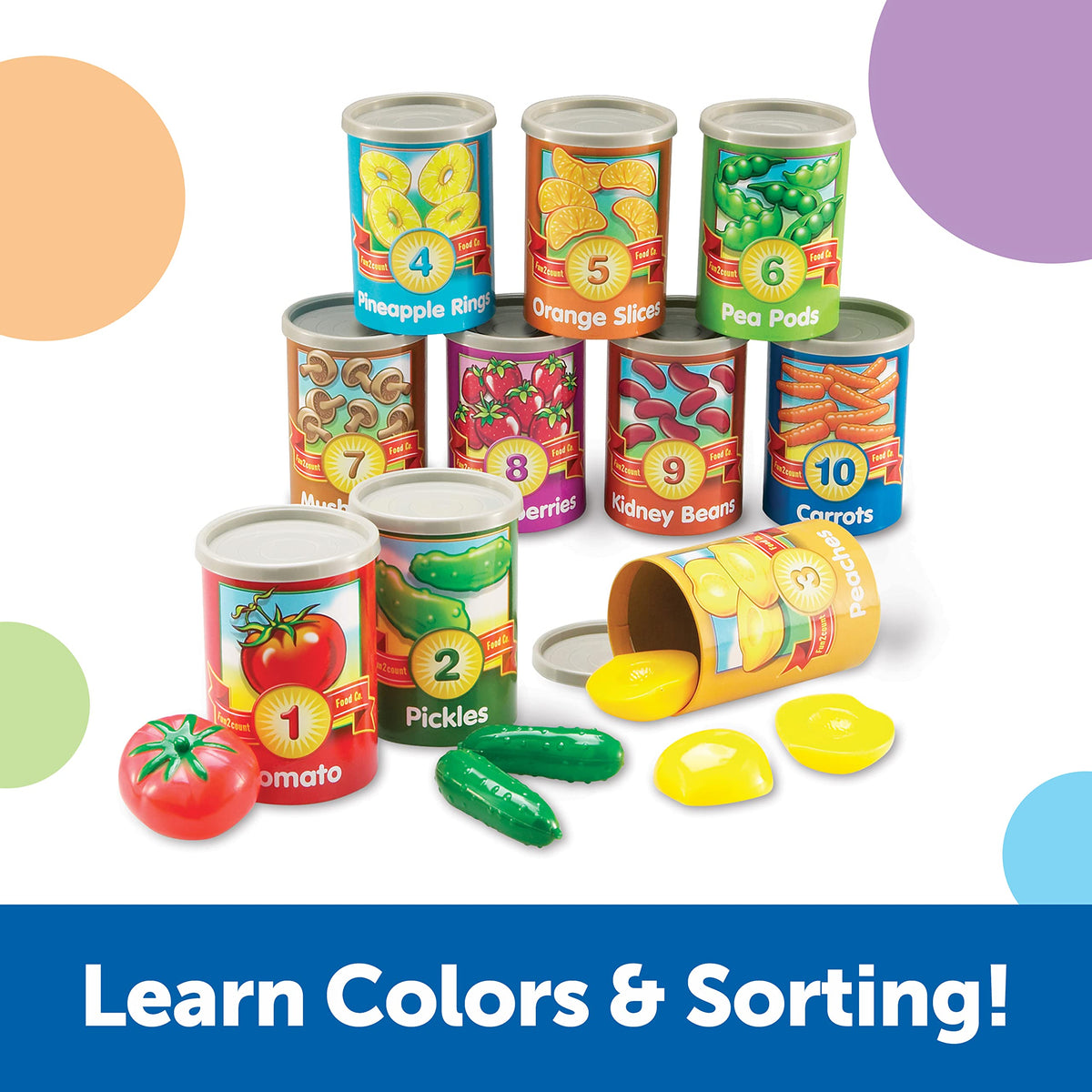 Learning Resources counting cans feature numeral-word-picture labels for supportive learning