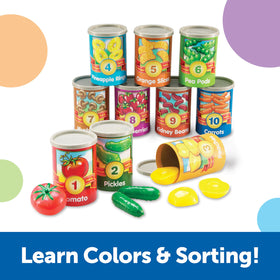 Learning Resources counting cans feature numeral-word-picture labels for supportive learning
