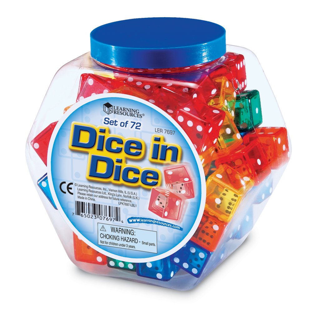 Learning Resources Dice in Dice Bucket showing outer translucent die and inner white die for math exploration and counting.