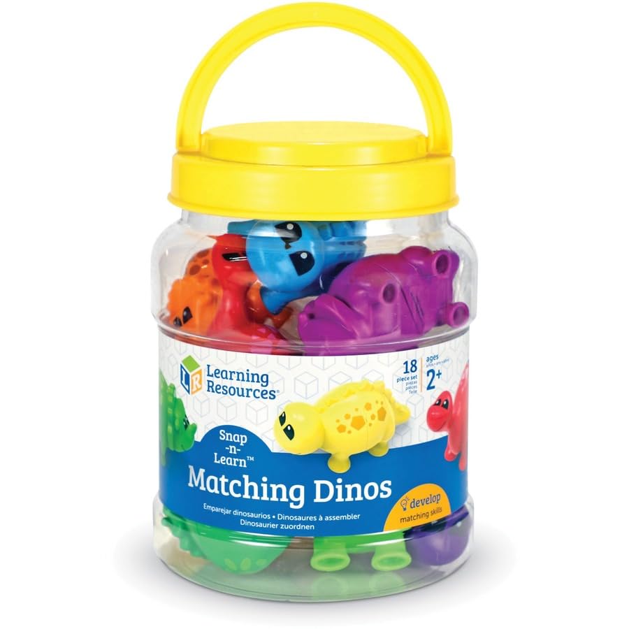 Learning Resources dinosaur storage bucket with lid enables easy cleanup.