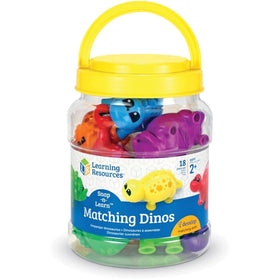 Learning Resources dinosaur storage bucket with lid enables easy cleanup.