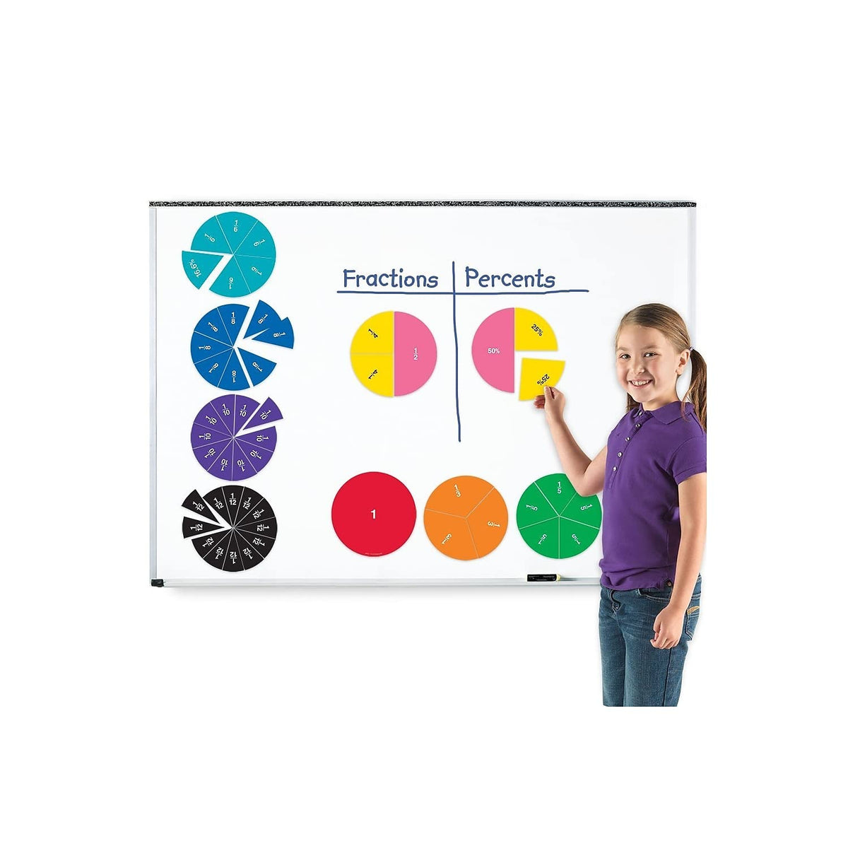 Learning Resources double-sided fraction circles show fractions and percentages for hands-on learning.