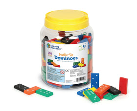 Learning Resources Double-Six Dominoes in a storage bucket for organized classroom play.