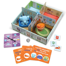 Learning Resources Elephant in the Room playhouse box opens to four colorful rooms for language play