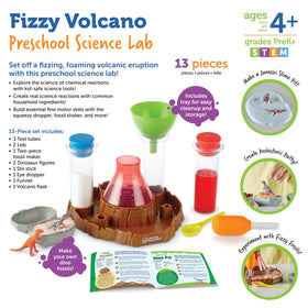 Learning Resources Fizzy Volcano funnel image highlights simple setup steps for experiments.