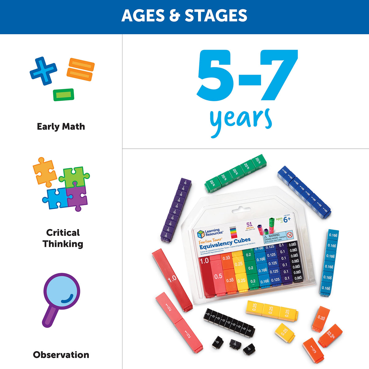 Learning Resources Fraction Tower Cubes activity sets for classroom or homeschool math practice.