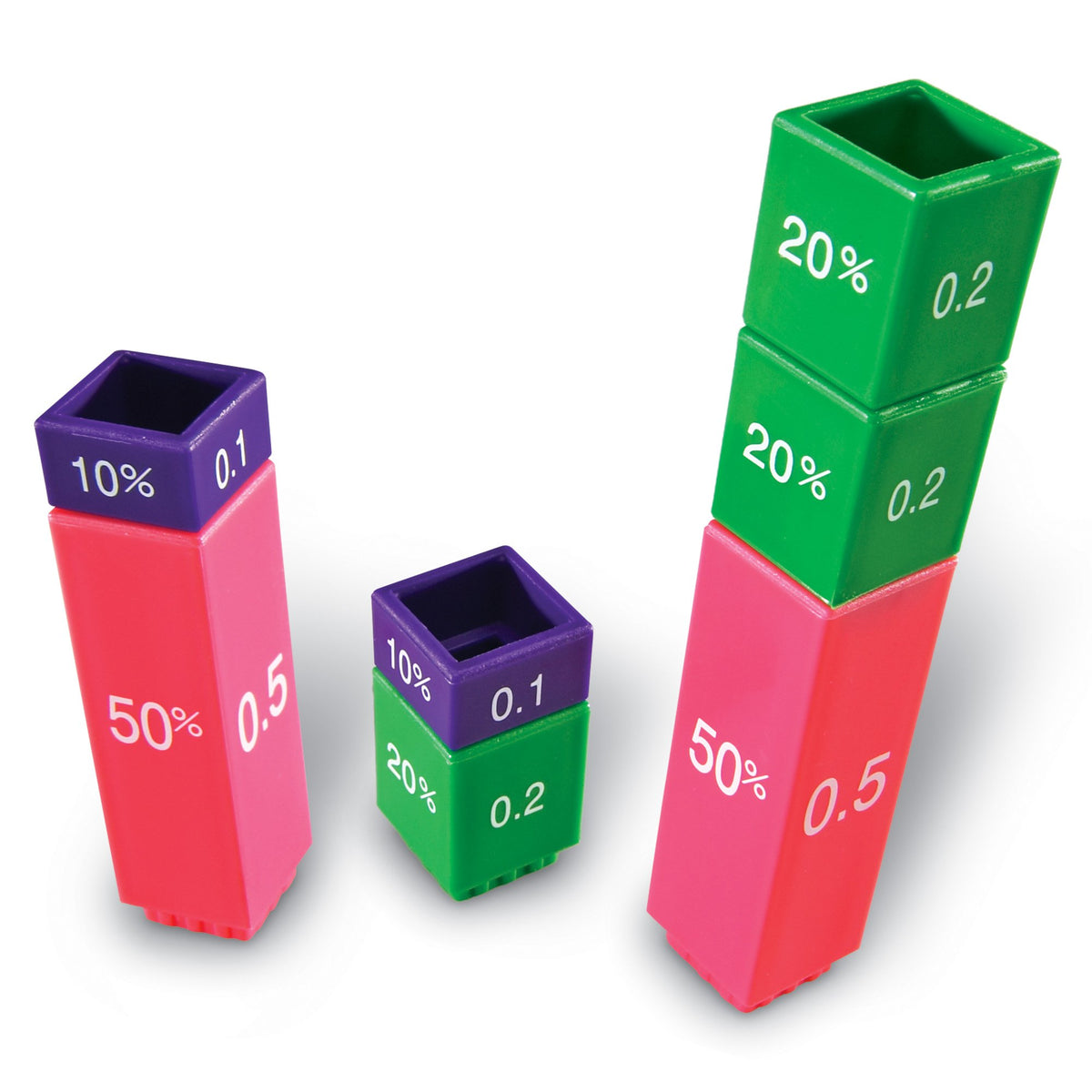 Learning Resources Fraction Tower Cubes interchangeable pieces for creating mixed fraction models.
