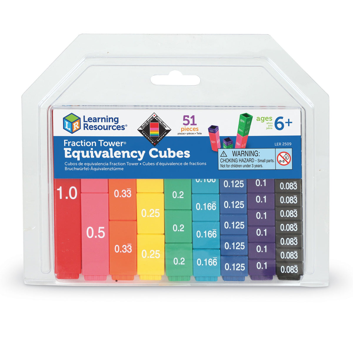 Learning Resources Fraction Tower Cubes visual models with labeled sides support number sense.