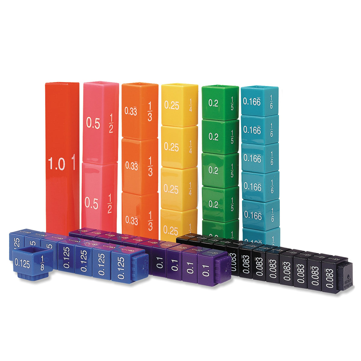 Learning Resources Fraction Tower Cubes show whole and halves for hands-on fraction practice.