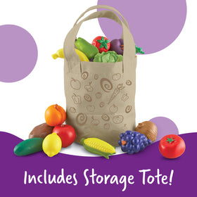 Corn and grapes seen in tote to encourage pretend grocery shopping