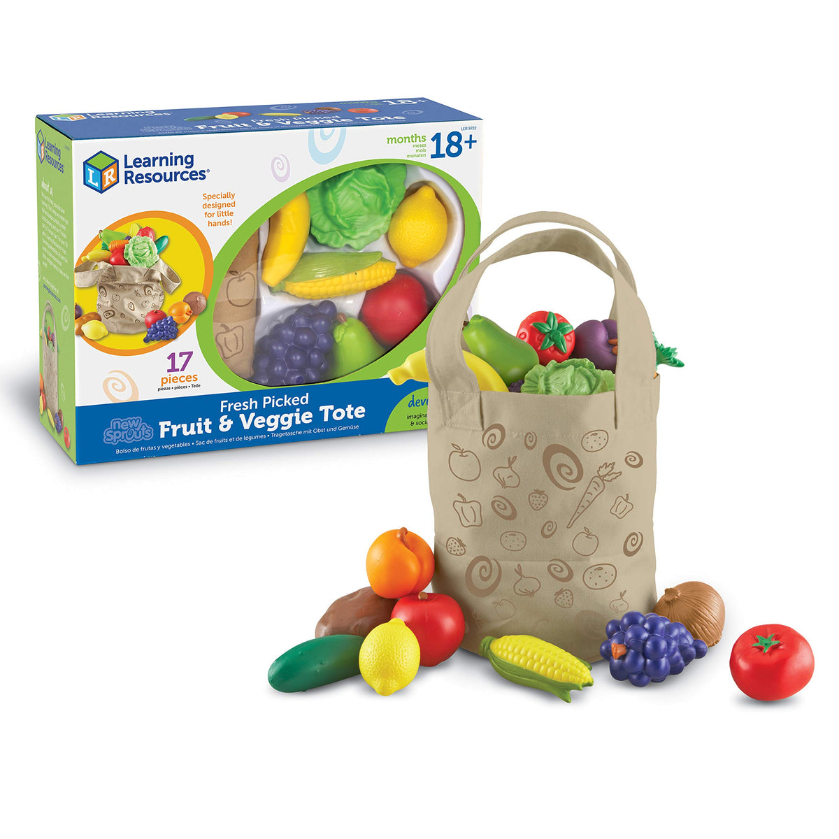 Learning Resources Fresh Picked Fruit and Veggie Tote front view with colorful produce for imaginative play