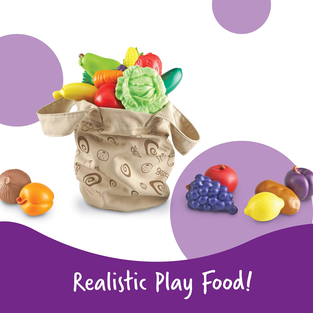 Durable canvas tote by Learning Resources with banana and other produce for playtime