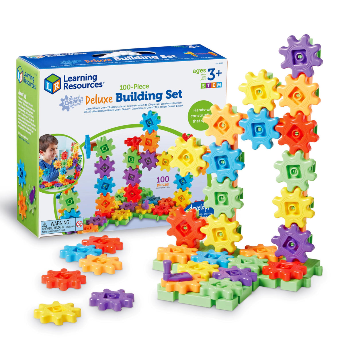 Learning Resources Gears Deluxe 100-Piece Set colorful gears support open-ended STEM play.