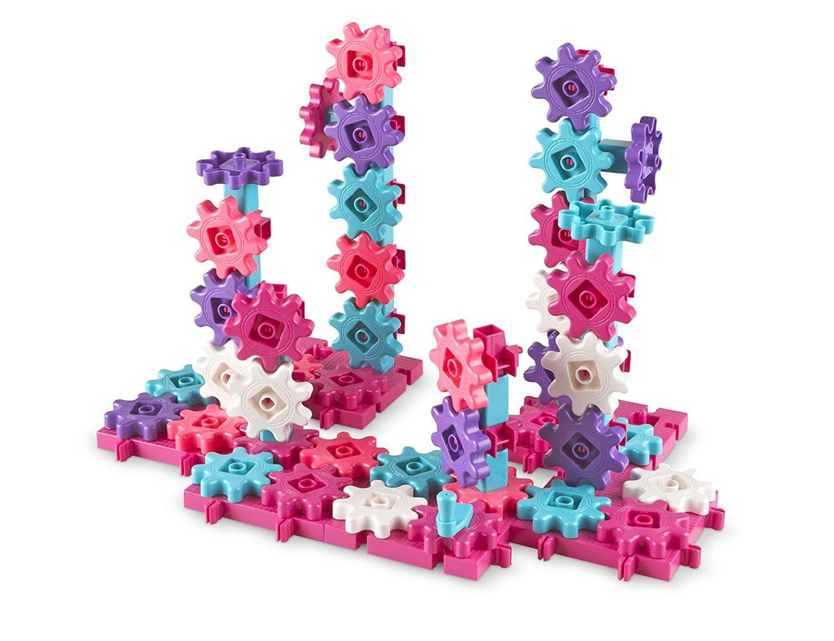 Learning Resources Gears! Gears! Gears! Deluxe Pink assembly demonstrates hands-on problem solving.