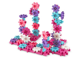 Learning Resources Gears! Gears! Gears! Deluxe Pink assembly demonstrates hands-on problem solving.