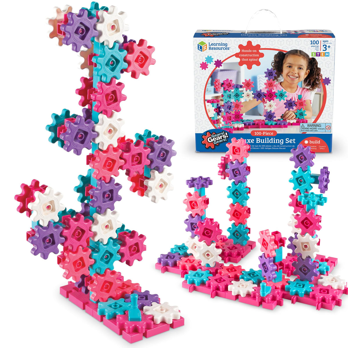 Learning Resources Gears! Gears! Gears! Deluxe Pink overview shows vibrant pieces for STEM play.