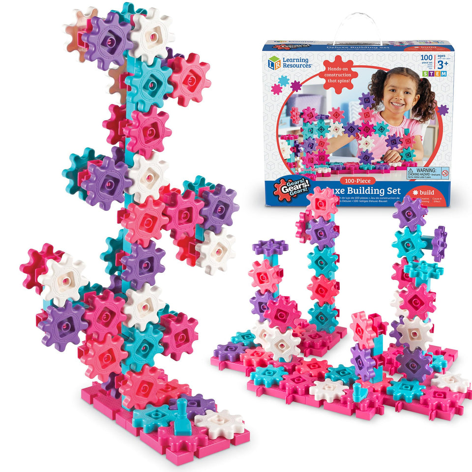 Learning Resources Gears! Gears! Gears! Deluxe Pink overview shows vibrant pieces for STEM play.