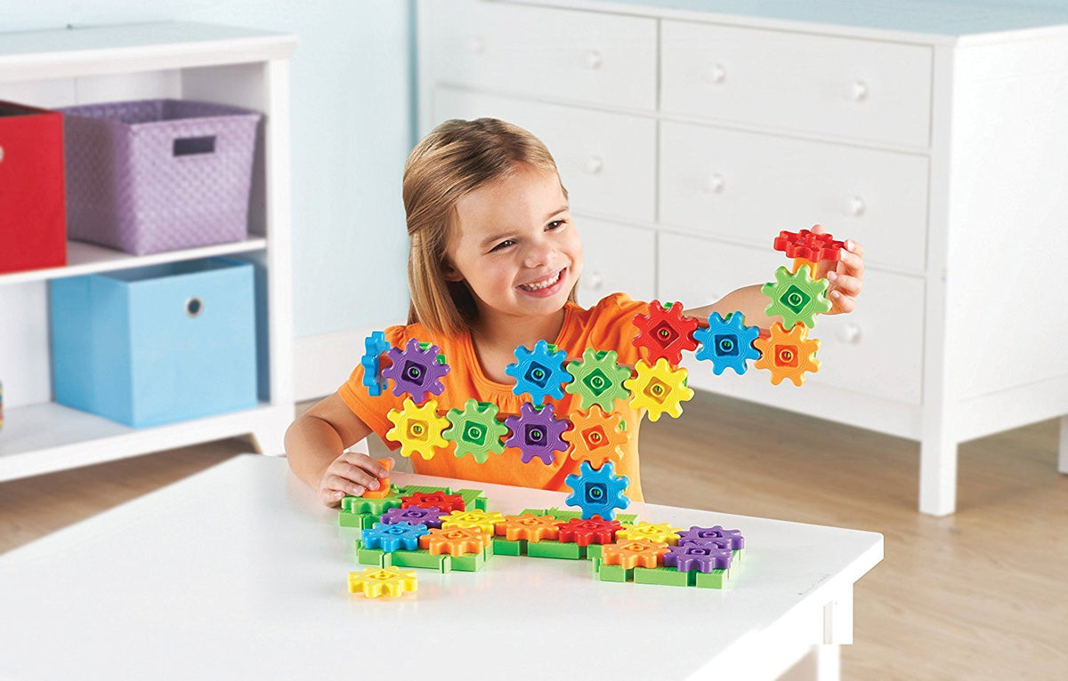 Learning Resources Gears Starter Building Set base plates provide a sturdy base for open-ended play.
