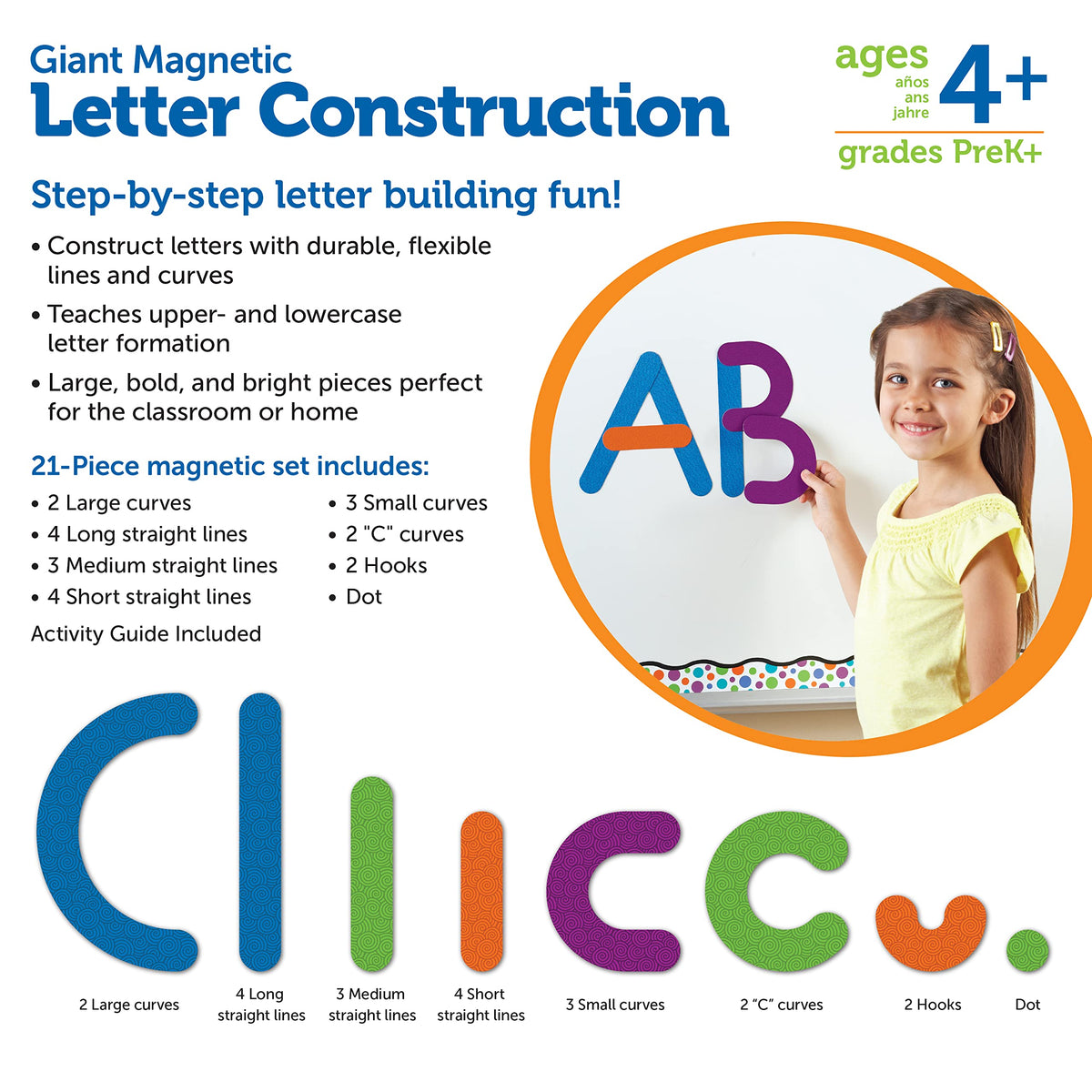 Learning Resources Giant Magnetic Letter Construction supports fine motor skills through snapping and arranging magnets