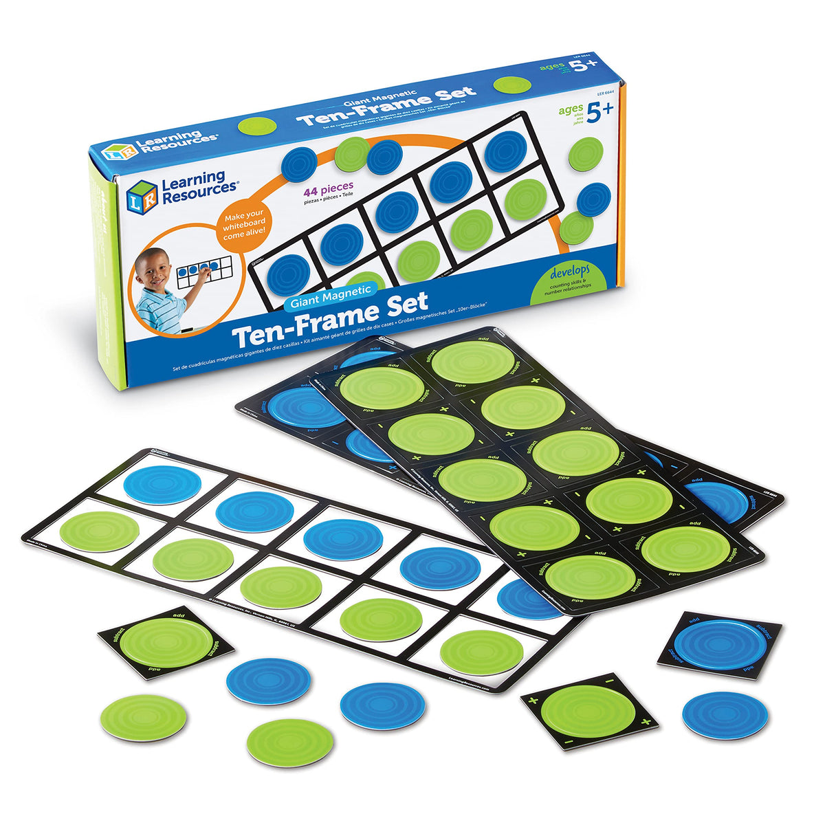 Learning Resources giant ten frame set magnetic frames shown on a whiteboard for base ten demonstrations