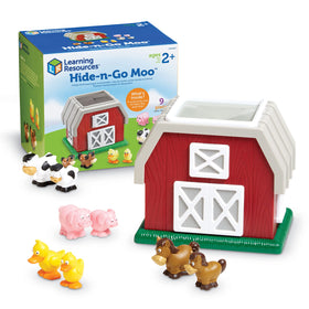 Learning Resources Hide-N-Go Moo barn with nine-piece animal set for toddler play.