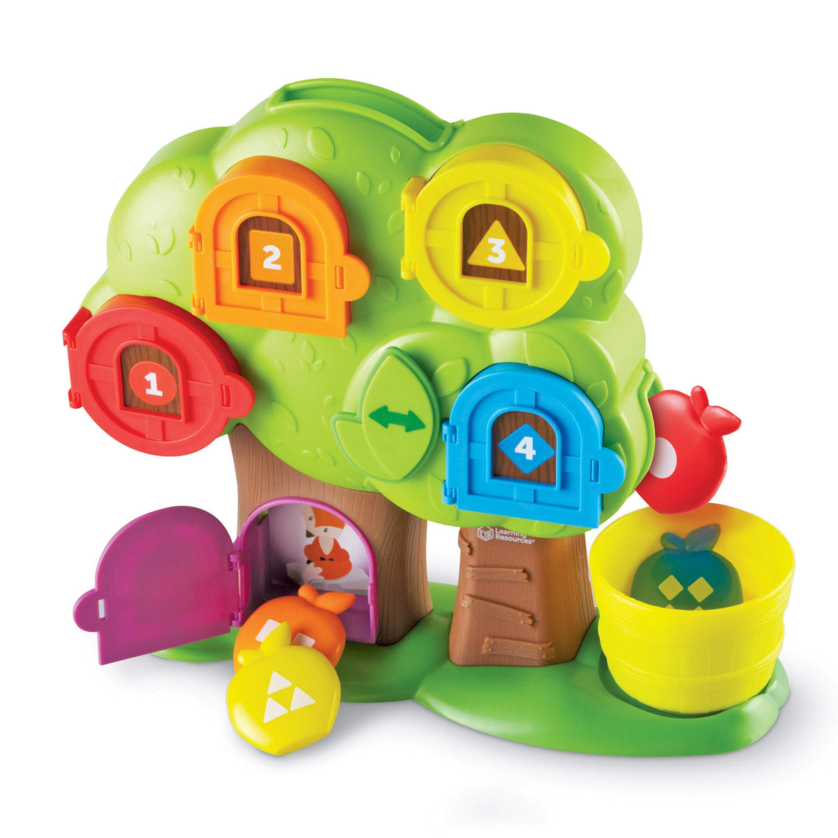 Learning Resources Hide & Seek Treehouse front door open promotes early number and color recognition.
