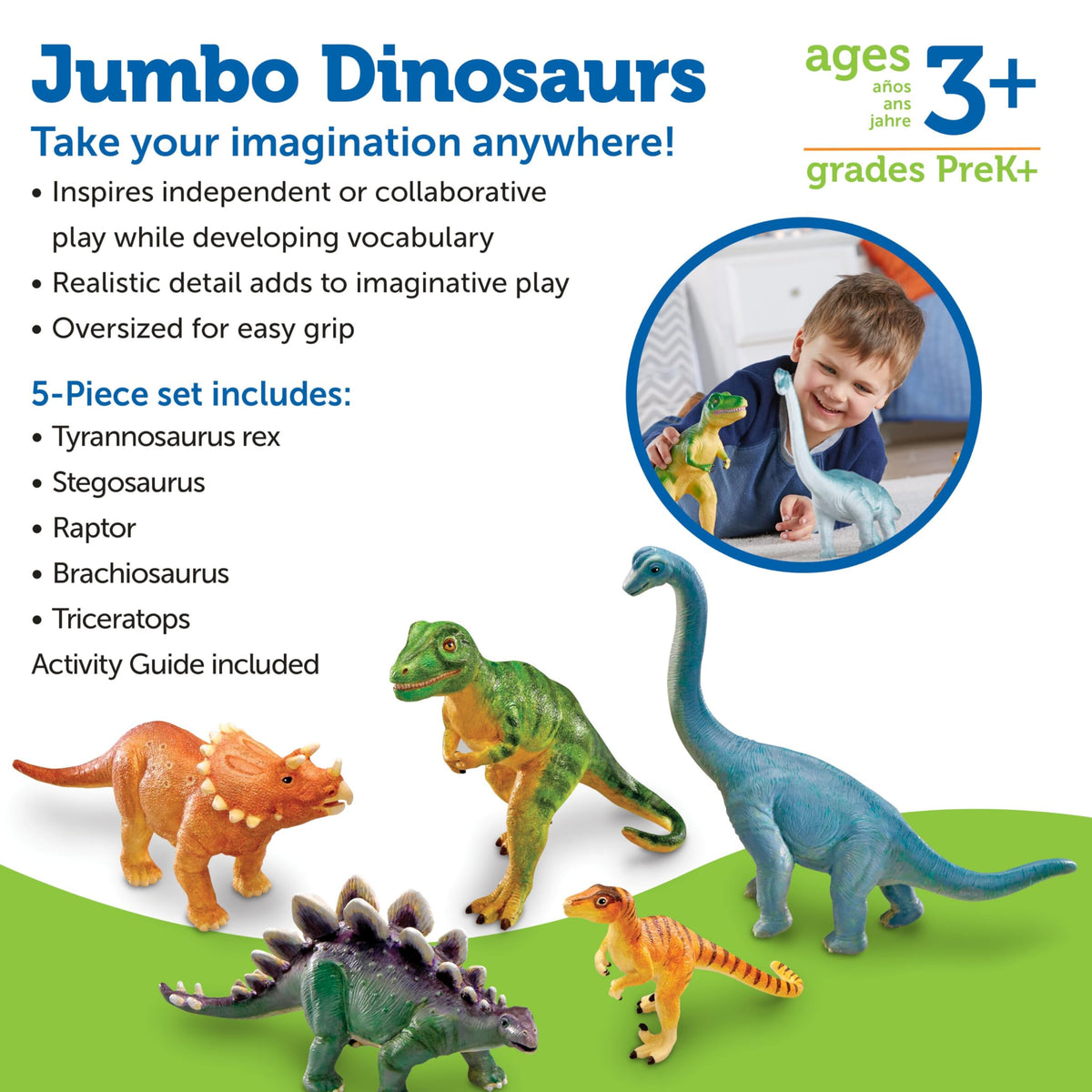 Learning Resources jumbo dinosaurs in a playful display, versatile for indoor and outdoor use.