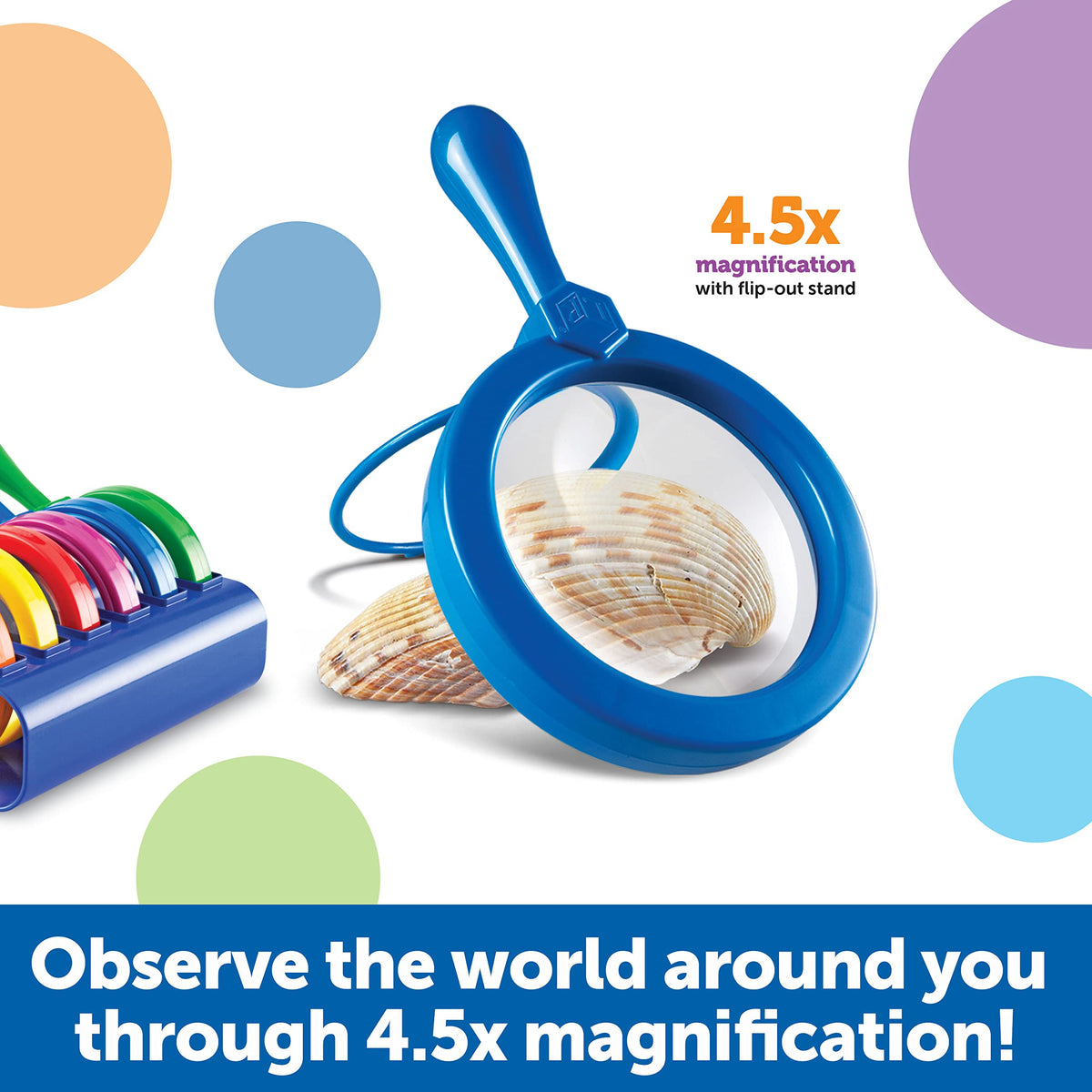 Learning Resources jumbo magnifier with stand, blue, ideal for classroom science explorations.
