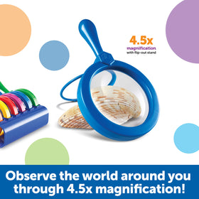 Learning Resources jumbo magnifier with stand, blue, ideal for classroom science explorations.