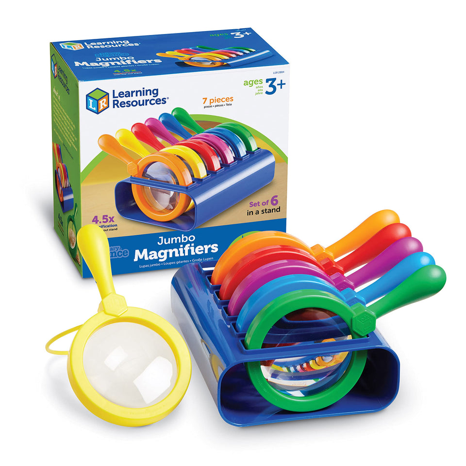 Learning Resources jumbo magnifier with stand, red, ideal for classroom science explorations.
