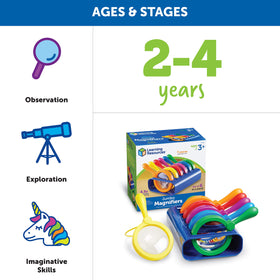 Learning Resources jumbo magnifiers with stand set, six colors, easy classroom organization.