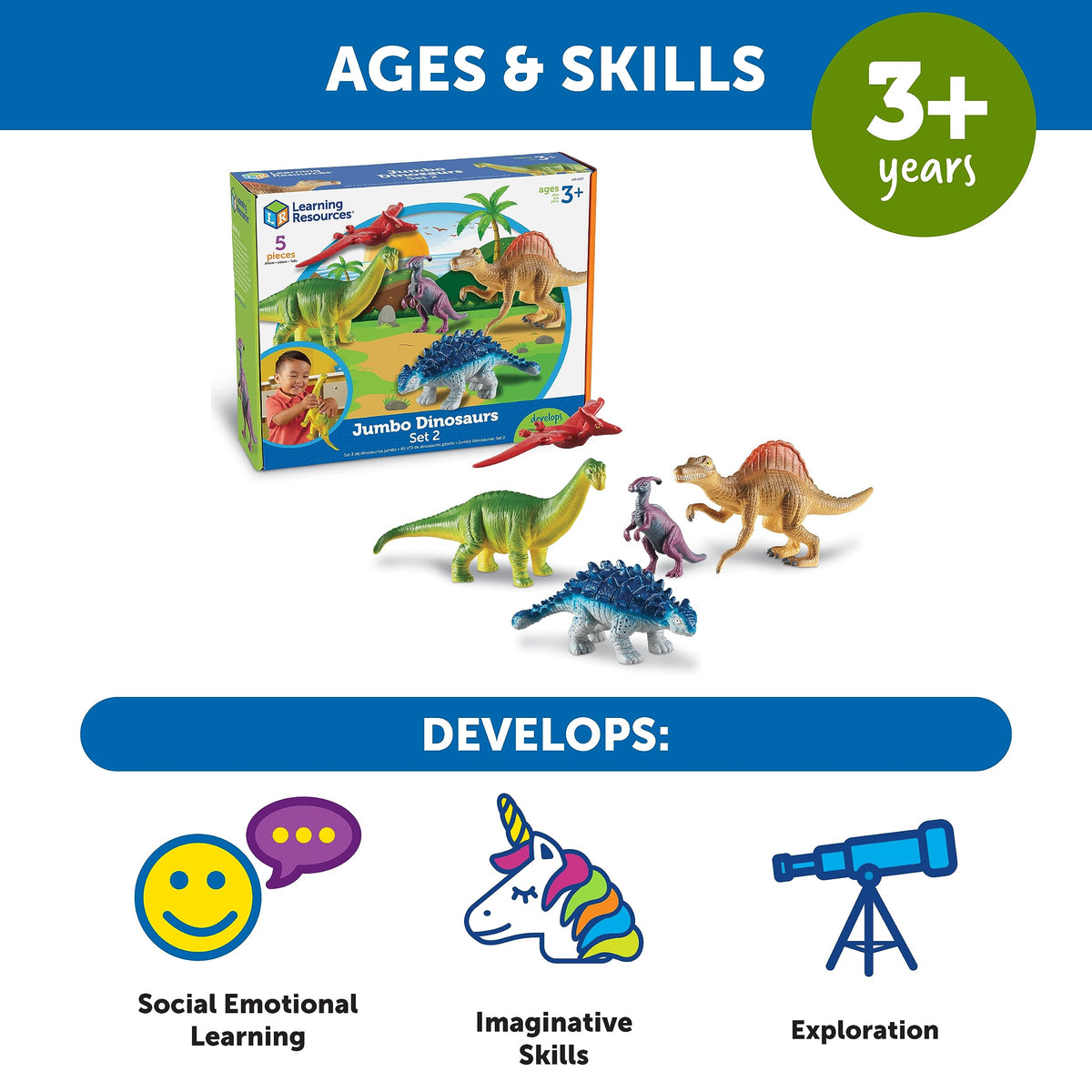 Learning Resources jumbo Parasaurolophus 13in, big dinosaur for role play and sensory exploration.