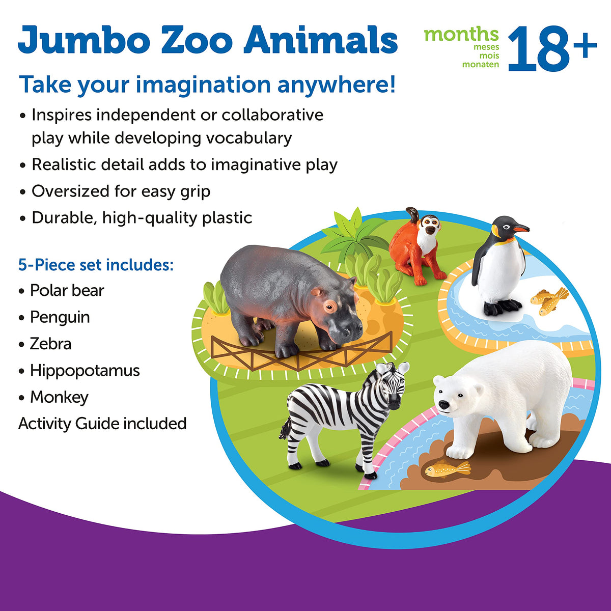 Learning Resources Jumbo Zoo Hippo figurine offers tactile play and display size.