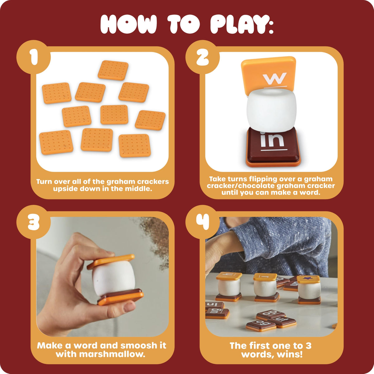 Learning Resources Let's Spell S'mores game pieces promote cooperative learning for 2-4 players.
