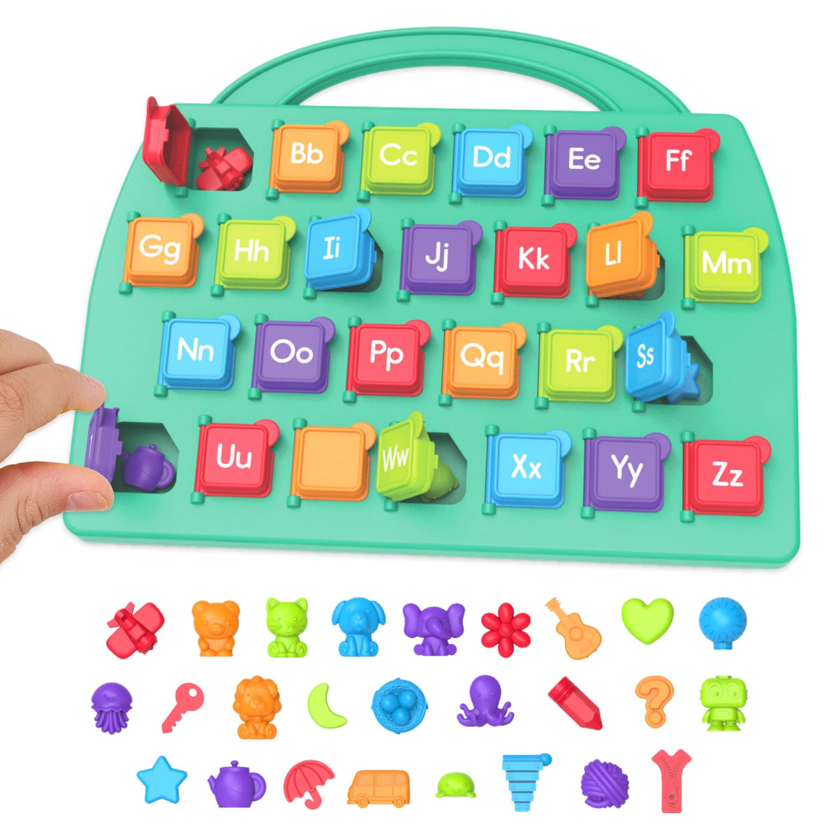 Learning Resources Lift-a-Letter board door opening invites alphabet discovery and finger dexterity.