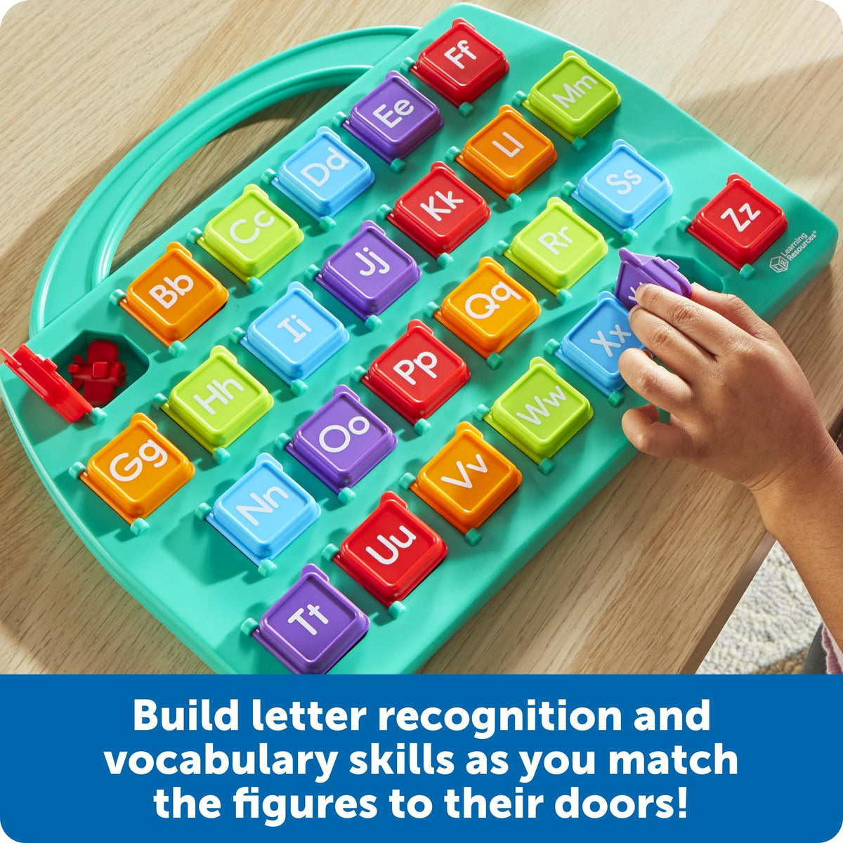 Learning Resources Lift-a-Letter board easy-grip handle enables on-the-go alphabet play.