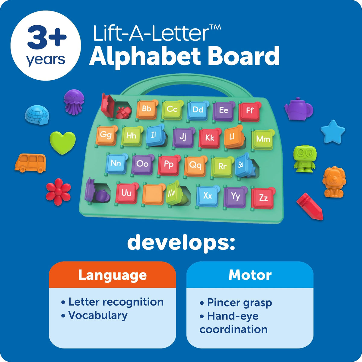 Learning Resources Lift-a-Letter board supports early literacy through tactile letter matching.