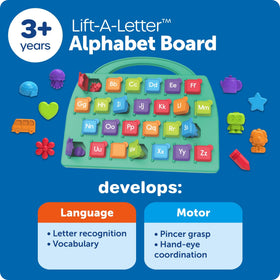 Learning Resources Lift-a-Letter board supports early literacy through tactile letter matching.