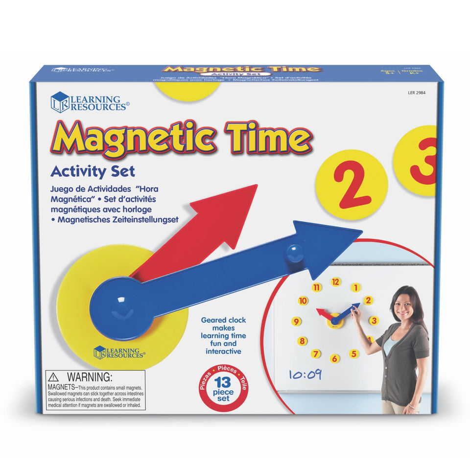 Learning Resources Magnetic Time Activity Set on whiteboard demonstrates time-telling for whole-class engagement.