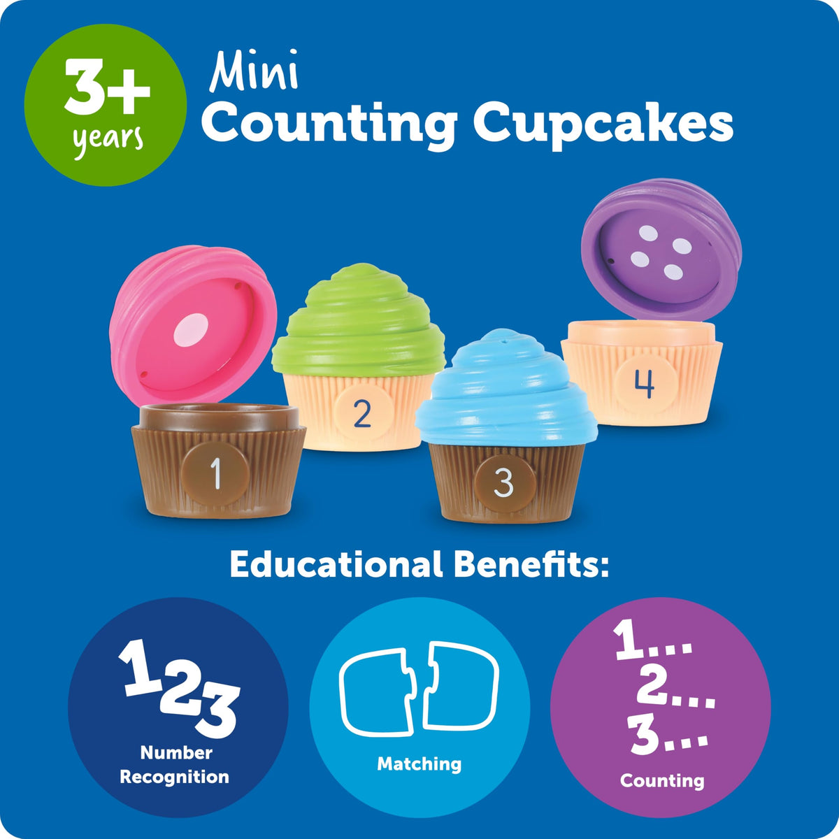 Learning Resources Mini Counting Cupcakes assembled cupcake in play setup for pretend kitchen play.