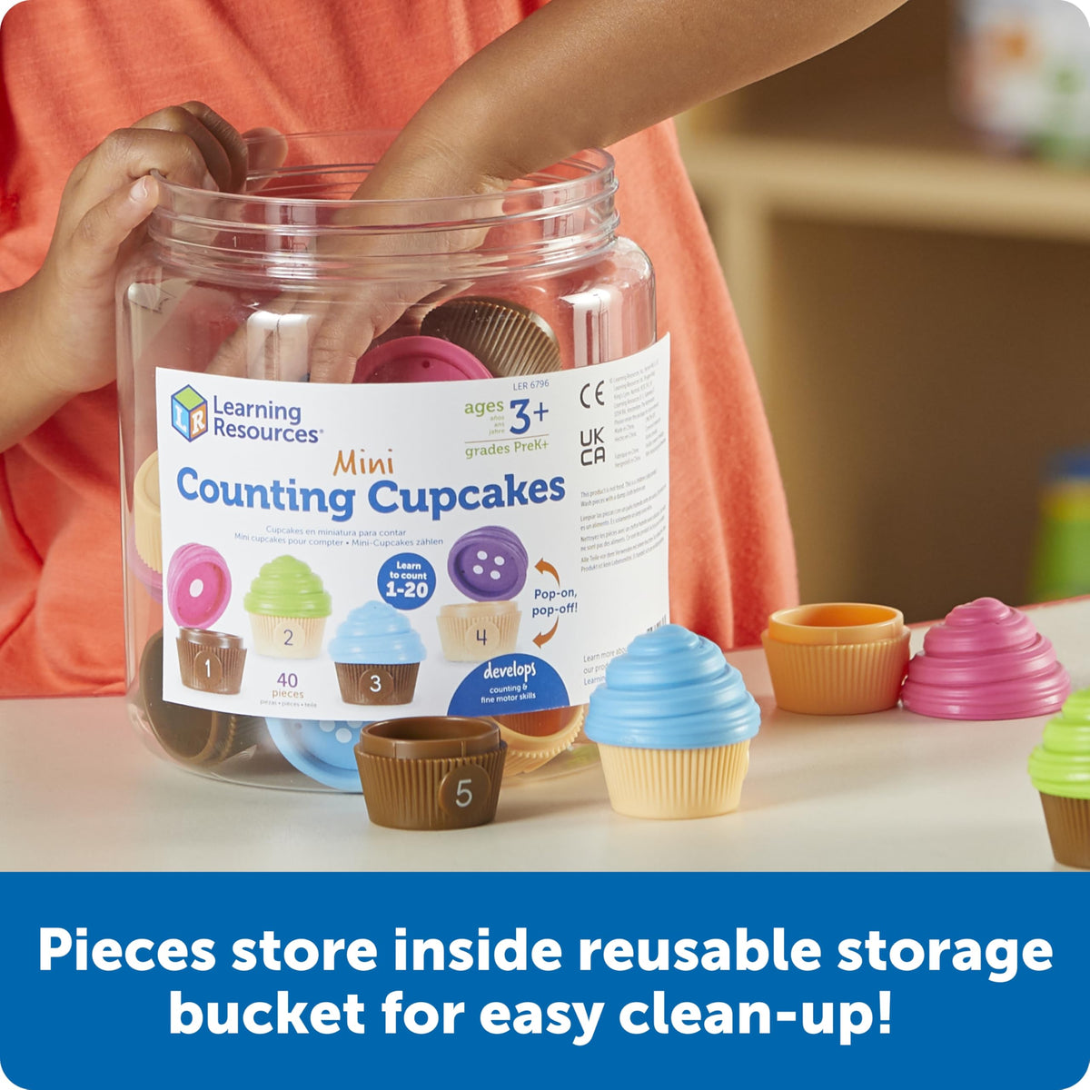 Learning Resources Mini Counting Cupcakes durable plastic storage bucket for easy cleanup.